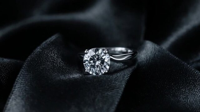Diamond ring on black satin fabric, diamond engagement ring on luxury fabric