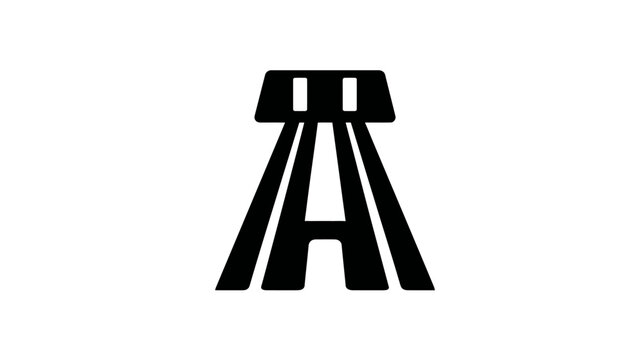 Black and white graphic featuring a stylized letter 'A', with parallel lines expanding from a top plate