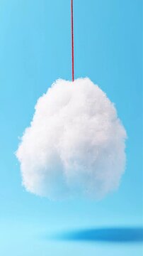 Fluffy white cotton cloud hanging by red string on blue background, minimal art