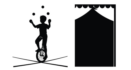 A juggler balancing on a unicycle under a circus tent silhouette © MDJAMAL