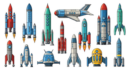 Collection of colorful retro rockets and spaceships in various designs. © Kenet