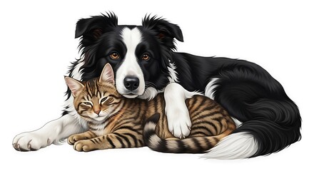 Obraz premium Digitally painted scene of a dog and cat snuggling. Both appear happy, on white bg