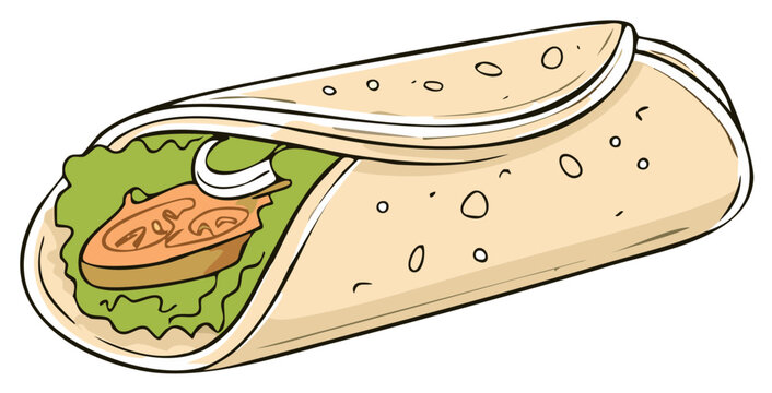 Hand drawn illustration of a fresh tortilla wrap with lettuce tomato and onion