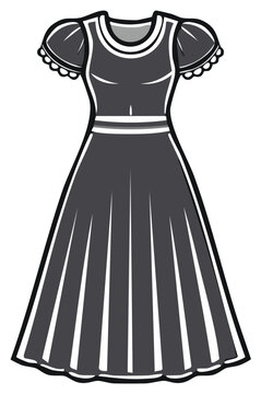 Simple vector dress, a-line silhouette with puff sleeves and contrasting trim for sewing pattern or fashion illustration.