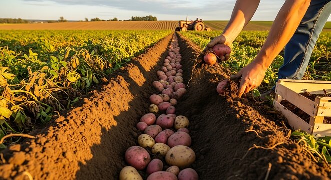 Man harvesting potatoes in a field with rows of soil and crops