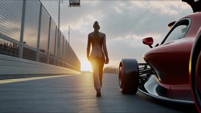 Racing driver walking on track beside red car at sunset