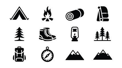 Minimalist vector illustration showcasing camping icons including tent fire sleeping bag backpack hiking boot compass and mountain silhouettes on a white background © Somiran