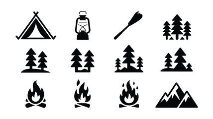 Minimalist wilderness icons set including tent campfire trees mountains and outdoor gear on white background for adventure and travel design © Somiran