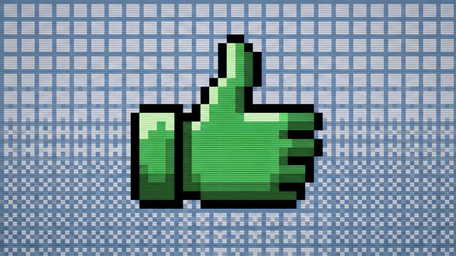 Green pixel art thumbs up hand gesture icon on blue abstract grid background in retro 8-bit video game style