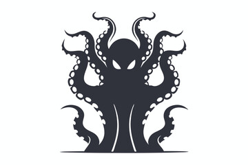 Eerie alien monster shape in silhouette, many tentacles, vector art on white