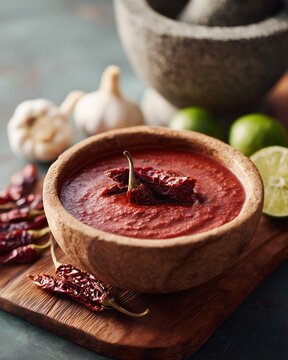 Bowl of deep red chipotle sauce with whole smoked chipotle peppers, garlic cloves, and lime halves on a wooden cutting board with dried red chilies