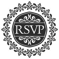 Elegant RSVP invitation design with ornate floral frame, black and white