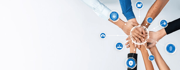 This image depicts hands joining together, symbolizing collaboration and security in a modern...