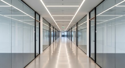 Fototapeta premium Modern, empty office hallway with glass walls and bright overhead lighting, leading to a distant exit.