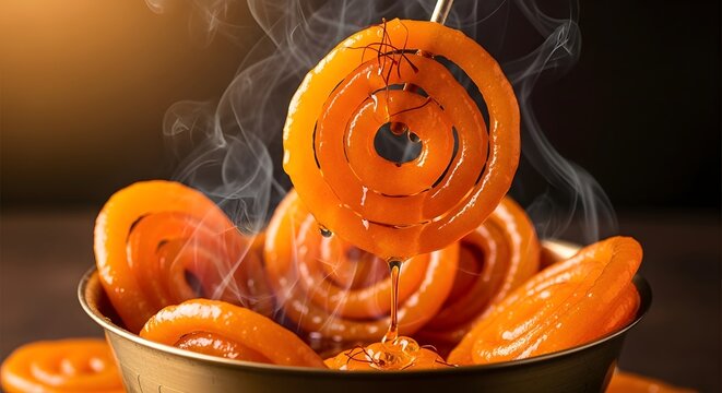 Traditional Indian jalebis in brass vessel with syrup glaze