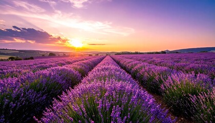Obraz premium Beautiful Sunset over a Vibrant Lavender Field in Bloom.
