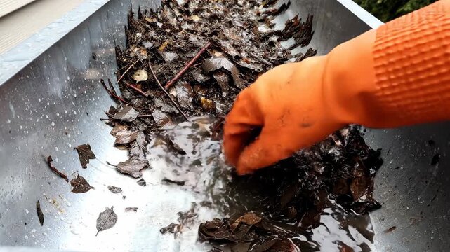 Composting process with hand sorting leaves in orange gloves. Composting involves separating organic materials, like brown leaves, to create nutrient-rich soil for gardening.