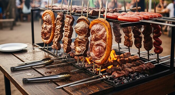 Brazilian Barbecue Feast: A mouthwatering display of traditional Brazilian barbecue, with various cuts of succulent meat and sausages sizzling over hot coals, ready to be enjoyed.
