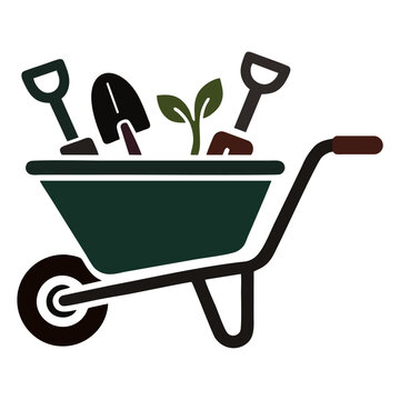 Gardening Wheelbarrow with Tools and Plant Icon &ndash; Garden Work Vector Illustration