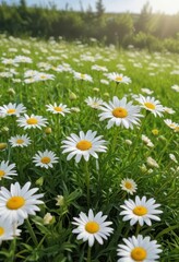 Obraz premium Vibrant white daisy bush in full bloom against a lush green field and grass on a sunny summer day , white flowers, grass, field