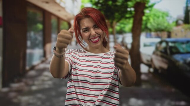 Woman with hands miming steering on a sunlit city street, smiling broadly and leaning forward in casual striped tee; joy playful confidence.