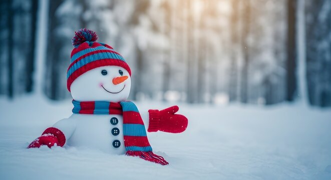 A cheerful snowman wearing a red and blue striped hat and scarf lies on a snowy ground.
