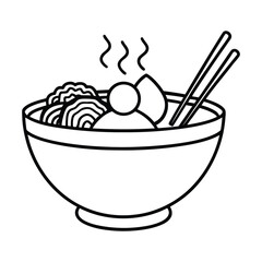 Black and white illustration of steaming bowl of noodles with chopsticks