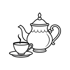 Line art illustration of teapot and cup on saucer with steam