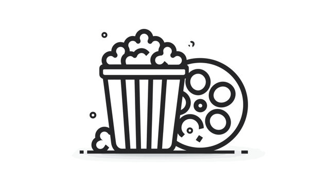 Black and white illustration of popcorn bucket and film reel, symbolizing movies and entertainment