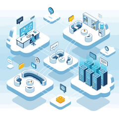 Obraz premium Isometric illustration of a cloud-based business network connecting various departments, including IT operations, server infrastructure, and collaborative office spaces.