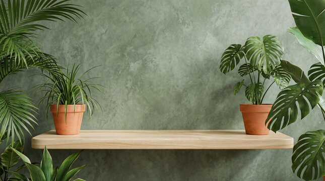 Two potted plants sit on a light wooden shelf against a green wall surrounded by lush foliage