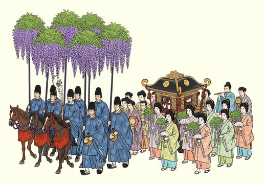 Ancient Japanese Procession with Elaborate Palanquin and Figures in Traditional Attire.