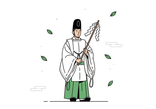 Japanese Shinto Priest in Traditional Attire Holding a Sacred Wand.