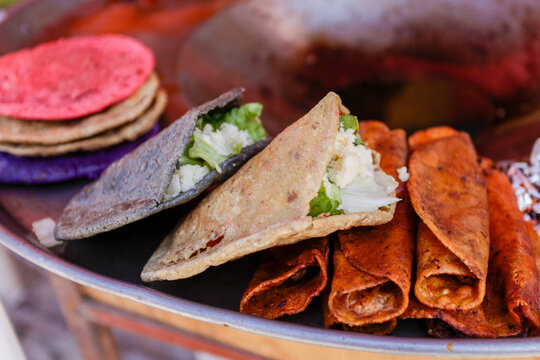 San Miguel de Allende, Mexico. Fresh homemade tacos at a local taco stand in San Miguel de Allede. 