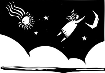 Naklejka premium woodcut style image of a woman leaping into teh air to fly.