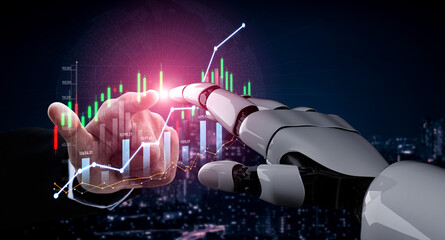 A robotic hand reaches toward a human hand amidst vibrant financial data graphics, symbolizing the...