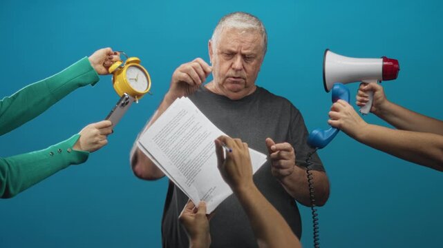 Man points finger while holding paper as hands thrust alarm clock megaphone and phone toward him in studio; stress noise chaos.
