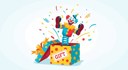 Obraz premium Happy Jack-in-the-Box Clown Jumping Out of a Gift Box with Confetti Explosion on a Light Blue Background