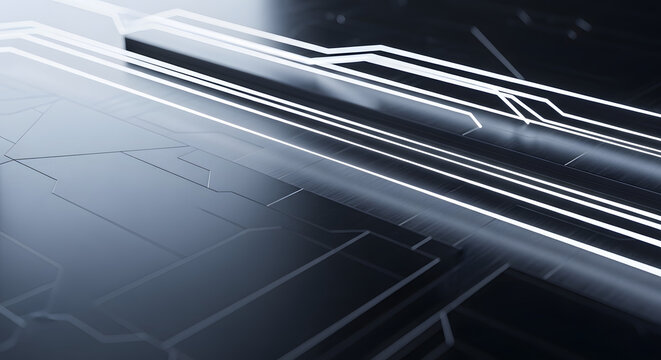 Abstract image features glowing white lines forming circuit board-like patterns on a dark, reflective surface