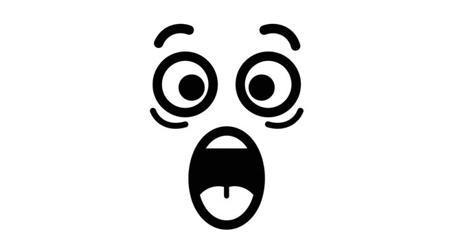 Cartoon Outline Face Emoji with Wide Eyes and Open Mouth Expressing Shock on Isolated White Background