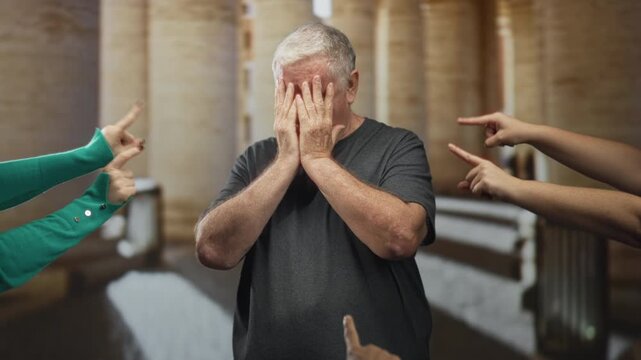 Senior man with hand covering face and multiple fingers pointing at him in a building corridor; humiliation.