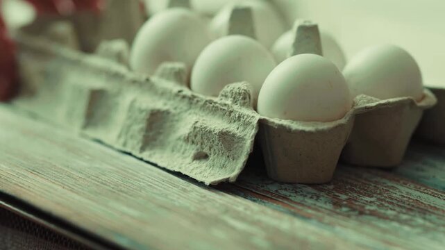 Close up of hand putting fresh eggs into a cardboard box.
