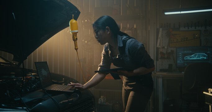 Skilled Female Automotive Specialist Leans Over Engine Bay, Running Diagnostic Software. Tablet Interface With AI Tools Helps Woman Interpret Data and Identify Necessary Adjustments in Vehicle System.