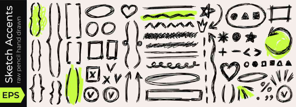 Crayon curly bracket line highlight scribble and box with text underline, pen doodle pencil drawn mark for hand drawn paper background or grunge effect. School note outline oval shape through childish