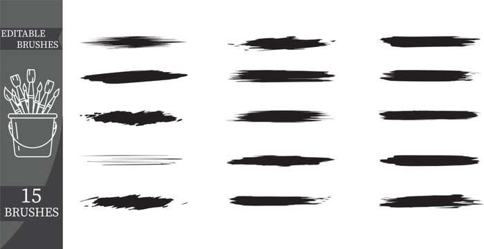 Set of 15 black ink paint brush strokes vector