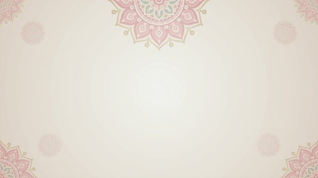 Soft Pastel Rotating Mandala Pattern On Light Gold Beige Animation Background with Central Copy Space and Minimalist Floral Layout