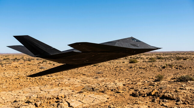 Matte-Black Stealth Jet - Low Flight Over Barren Landscape (angular geometry, complex panel lines, airframe highlights, desolate rocky desert, clear view)