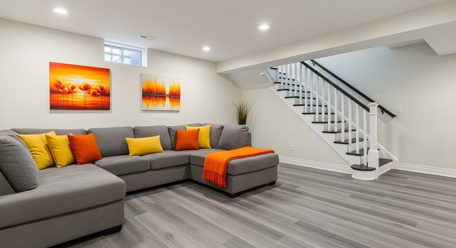 Modern living room in a finished basement with a gray sectional sofa, orange throw pillows, and a staircase