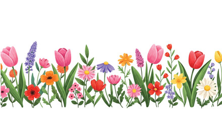 Colorful vector illustration of diverse flowers and lush greenery on a white background