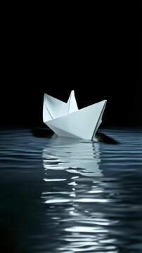 Gentle paper boat floats on shimmering waters beneath glowing night sky lights